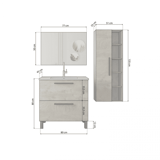 Conjunto de casa de banho com lavatório em cerâmica e coluna Sense Plus V2 Carvalho do Alasca 80 x 80 x 45 cm