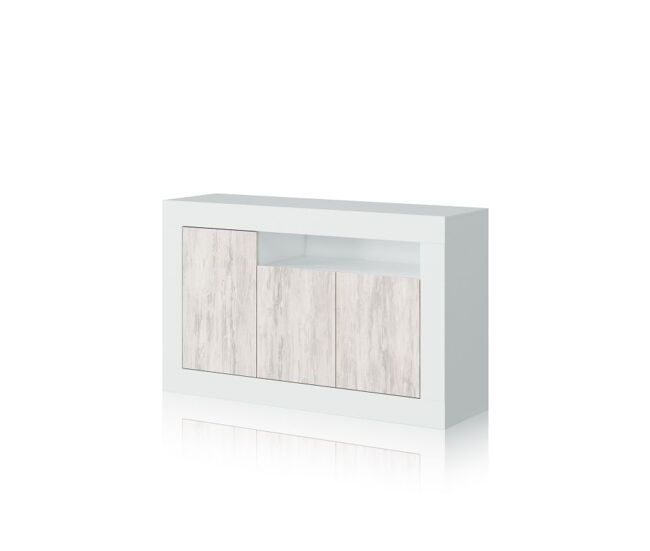 Aparador de 3 puertas y 1 estante versátil en blanco artik y blanco velho 144 cm gian blanco artik (blanco mate) – blanco velho 144 x 87 x 42 cm