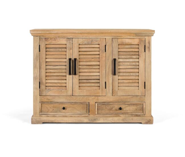 Aparador fabricado en madera de mango y acabado en tono natural, destaca por su diseño robusto que aporta calidez.