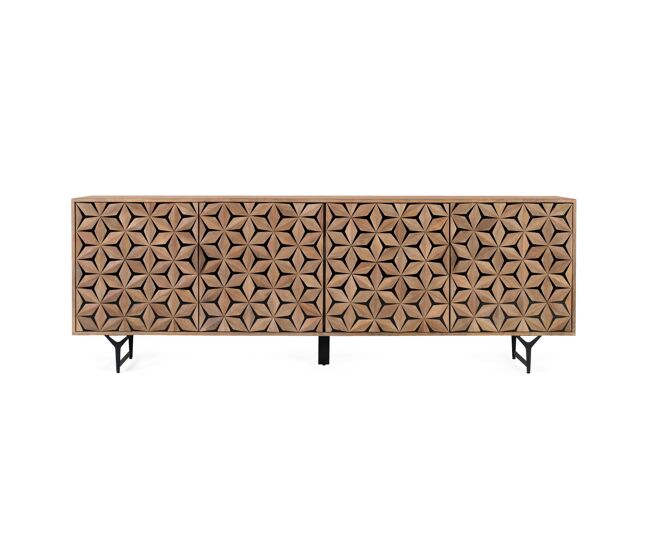 Este aparador de cuatro puertas está fabricado en madera de mango, con un acabado en color natural.