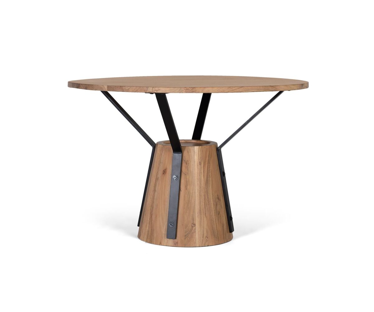 mesa de comedor redonda hecha de madera de mango en color natural