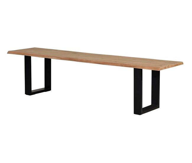 Banco con asiento de madera maciza de acacia de 26mm de grosor y patas de hierro lacado en negro. Grosor de las patas: 7,5x2,5cm. altura de las patas: 41cm . Medidas totales : 45 cm alto X 180 cm ancho X 42 cm fondo. Peso : 16 kg.