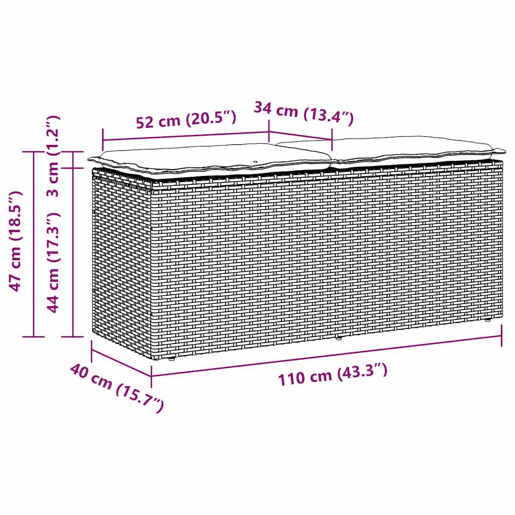 vidaXL Banco de jardim com almofadão 110x40x44 cm vime PE cinzento