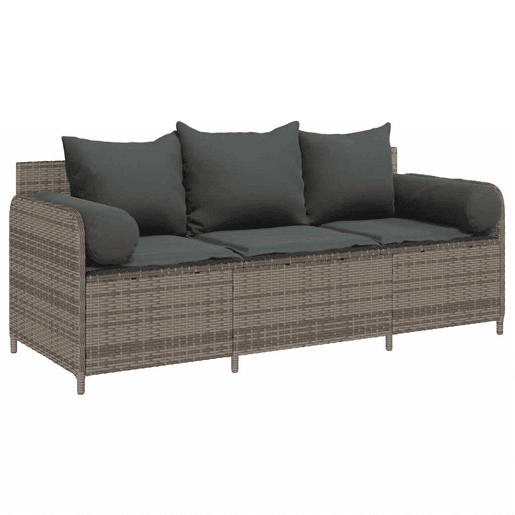 vidaXL Sofá de jardim de 3 lugares com almofadões vime PE cinzento vidaXL Sofá de jardim de 3 lugares com almofadões vime PE cinzento