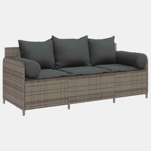 vidaXL Sofá de jardim de 3 lugares com almofadões vime PE cinzento