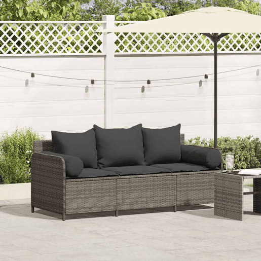 vidaXL Sofá de jardim de 3 lugares com almofadões vime PE cinzento vidaXL Sofá de jardim de 3 lugares com almofadões vime PE cinzento