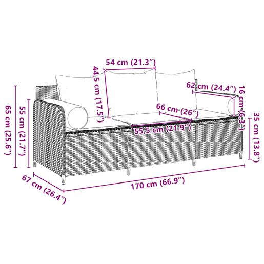 vidaXL Sofá de jardim de 3 lugares com almofadões vime PE cinzento vidaXL Sofá de jardim de 3 lugares com almofadões vime PE cinzento