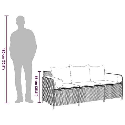 vidaXL Sofá de jardim de 3 lugares com almofadões vime PE cinzento vidaXL Sofá de jardim de 3 lugares com almofadões vime PE cinzento