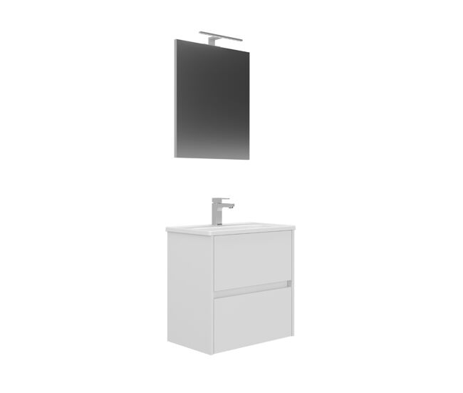 Conjunto de mueble lova de baño de 2 cajones con lavabo y espejo con aplique de luz de 60 cm blanco