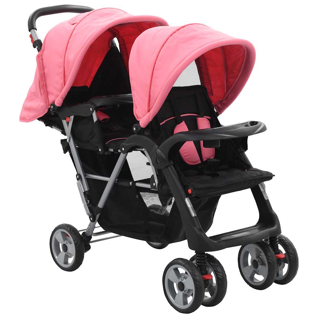 Vidaxl carrito para 2 niños tandem de acero rosa y negro