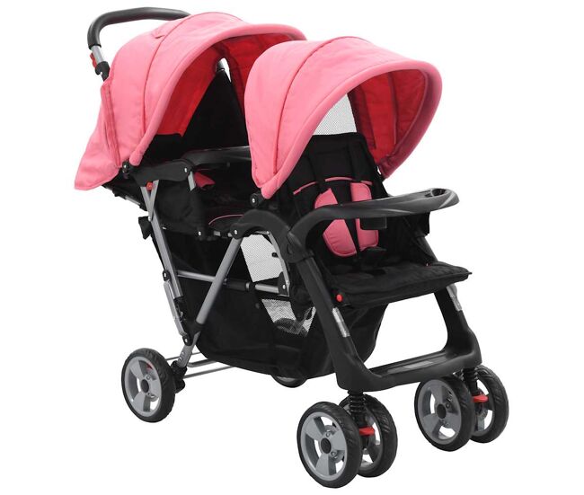 Vidaxl carrito para 2 niños tandem de acero rosa y negro