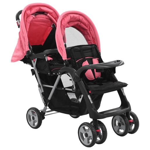 vidaXL Carrinho de bebé para gémeos aço cor-de-rosa e preto