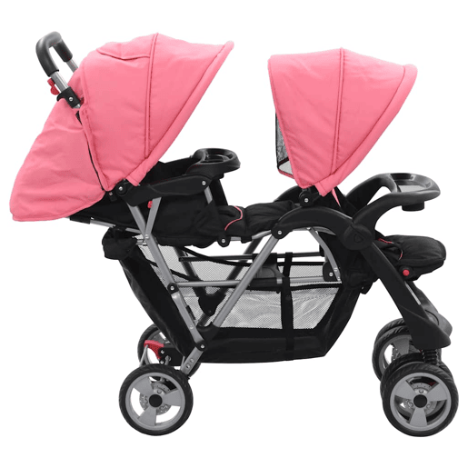 vidaXL Carrinho de bebé para gémeos aço cor-de-rosa e preto
