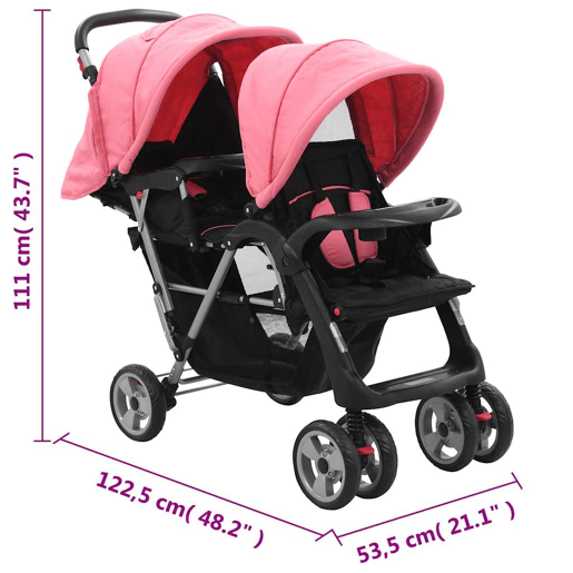 vidaXL Carrinho de bebé para gémeos aço cor-de-rosa e preto