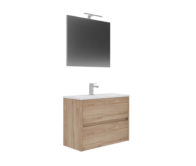 Conjunto de mueble lova de baño de 2 cajones con lavabo y espejo con aplique de luz de 80 cm roble