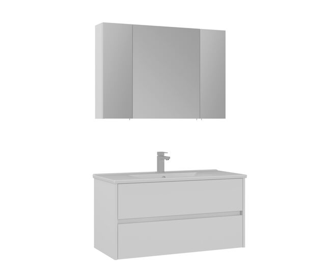 Conjunto de mueble side de baño de 2 cajones con lavabo y espejo con estanteria de 100 cm blanco