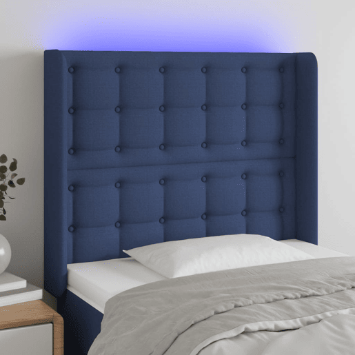 vidaXL Cabeceira de cama c luzes LED tecido 83x16x118128 cm azul