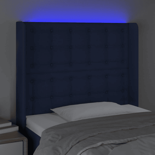 vidaXL Cabeceira de cama c luzes LED tecido 83x16x118128 cm azul
