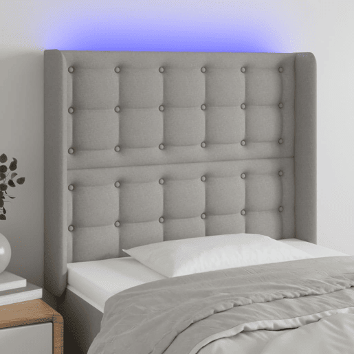 vidaXL Cabeceira cama c luzes LED tecido 103x16x118128cm cinza-claro