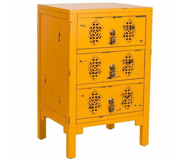 Mesita de madera con 3 cajones amarillo 45x36x70