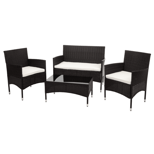 Conjunto de móveis de jardim para varanda ou jardim em polirratã marrom: sofá poltronas mesa almofadas creme 04_0004199
