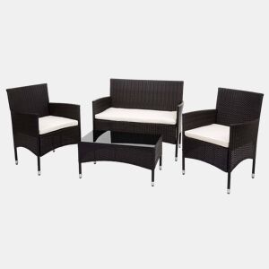 Conjunto de móveis de jardim para varanda ou jardim em polirratã marrom: sofá poltronas mesa almofadas creme 04_0004199