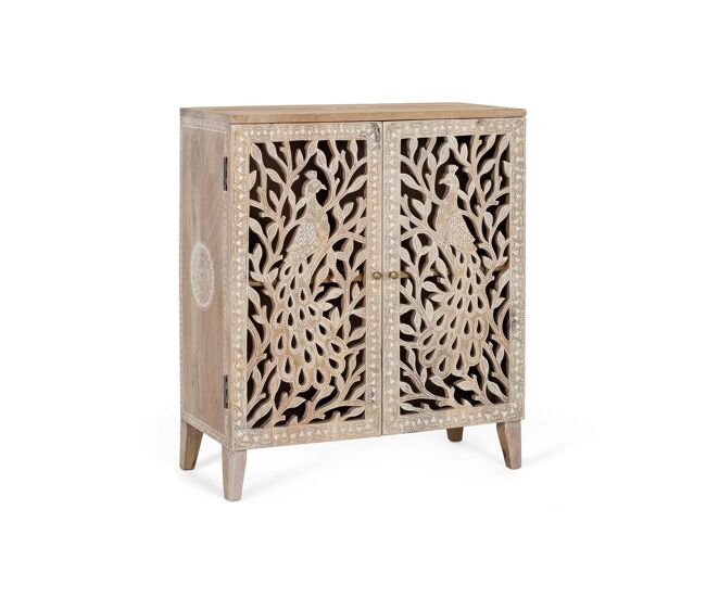 Mueble auxiliar fabricado en madera de mango, lo que le otorga una apariencia sólida y resistente con tonos naturales.