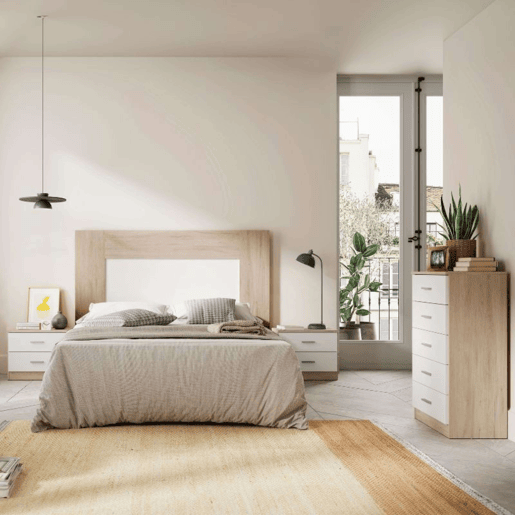 Conjunto de móveis para quarto de casal com cabeceira, mesa de cabeceira com 3 gavetas e cômoda em branco e Sahara Conjunto de móveis para quarto de casal com cabeceira, mesa de cabeceira com 3 gavetas e cômoda em branco e Sahara