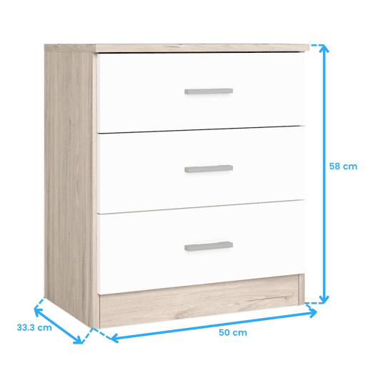 Conjunto de móveis para quarto de casal com cabeceira, mesa de cabeceira com 3 gavetas e cômoda em branco e Sahara Conjunto de móveis para quarto de casal com cabeceira, mesa de cabeceira com 3 gavetas e cômoda em branco e Sahara
