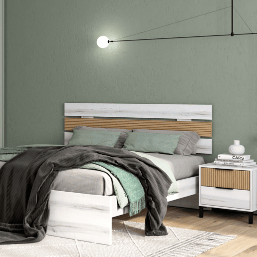 Cabeceira de cama de casal estilo nĂ³rdico Arles em branco Albo e carvalho listrado 160 cm Cabeceira de cama de casal estilo nĂ³rdico Arles em branco Albo e carvalho listrado 160 cm