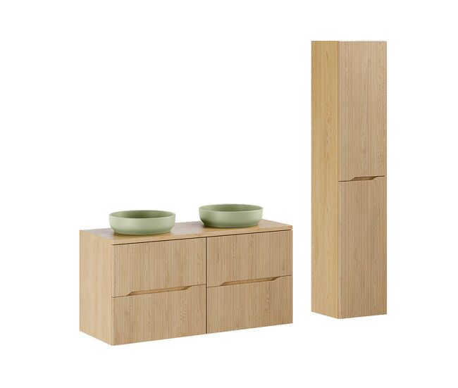 Conjunto mueble lavabo doble 120cm y columna isaline madera