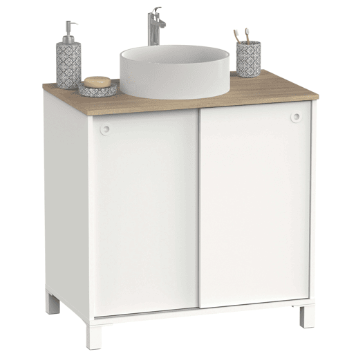 Móvel de banheiro estilo nórdico Sella em carvalho branco e cambriano com 2 portas de correr e pés 81x94x50 cm (pia de cerâmica)