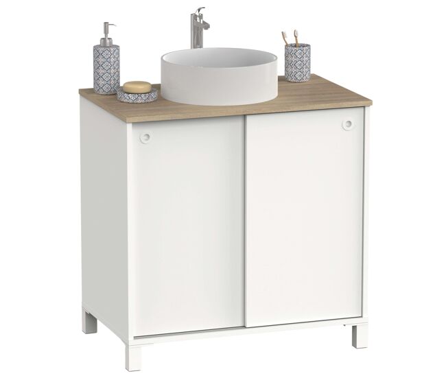 Mueble de Baño Sella Estilo Nórdico en Color Blanco y Roble Cambrian con 2 Puertas Correderas y Patas 81x94x50 cm (Lavabo Opcinal)