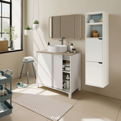 Móvel de banheiro estilo nórdico Sella em carvalho branco e cambriano com 2 portas de correr e pés 81x94x50 cm (pia de cerâmica)