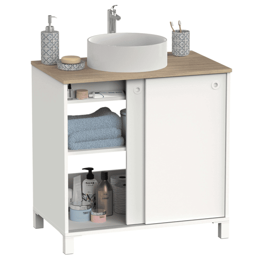 Móvel de banheiro estilo nórdico Sella em carvalho branco e cambriano com 2 portas de correr e pés 81x94x50 cm (pia de cerâmica)