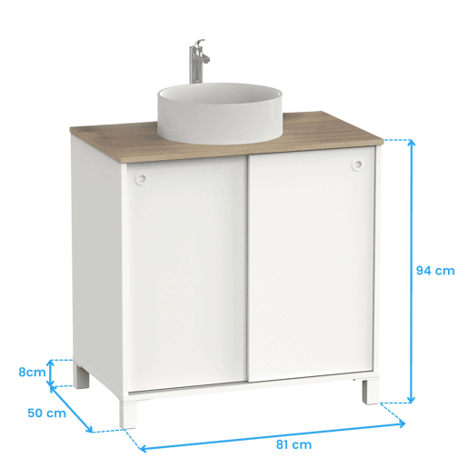Móvel de banheiro estilo nórdico Sella em carvalho branco e cambriano com 2 portas de correr e pés 81x94x50 cm (pia de cerâmica)
