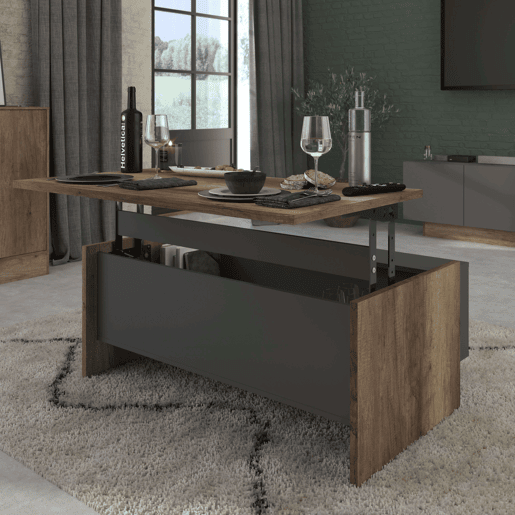 Mesa de centro elevatória Opec para sala de estar, sala de jantar e sala de família, carvalho e cinza, 110 x 47 x 65 cm