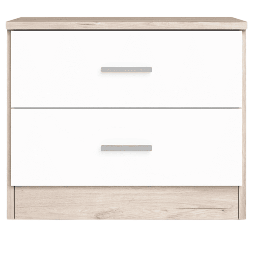 Pacote de móveis para quarto com cabeceira, cômoda e mesa de cabeceira com 2 gavetas em branco fosco e Sahara Pacote de móveis para quarto com cabeceira, cômoda e mesa de cabeceira com 2 gavetas em branco fosco e Sahara