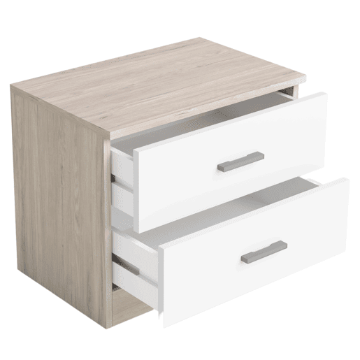 Pacote de móveis para quarto com cabeceira, cômoda e mesa de cabeceira com 2 gavetas em branco fosco e Sahara Pacote de móveis para quarto com cabeceira, cômoda e mesa de cabeceira com 2 gavetas em branco fosco e Sahara