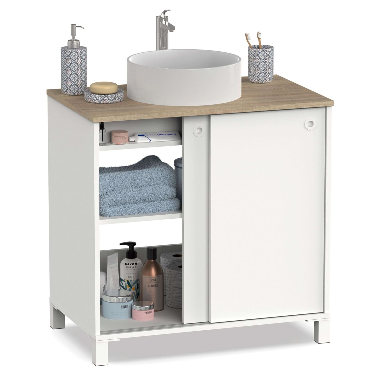 Mueble de baño sella estilo nórdico en color blanco y roble cambrian con 2 puertas correderas y patas 81x94x50 cm (lavabo opcinal)