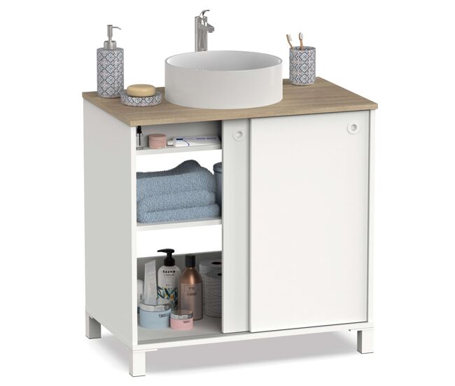 Mueble de baño sella estilo nórdico en color blanco y roble cambrian con 2 puertas correderas y patas 81x94x50 cm (lavabo opcinal)