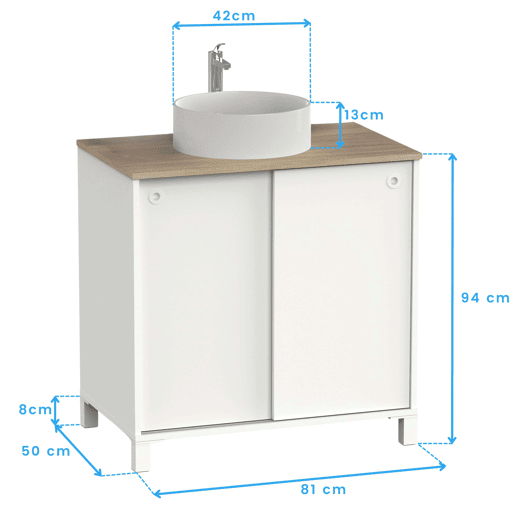 Móvel de banheiro estilo nórdico Sella em carvalho branco e cambriano com 2 portas de correr e pés 81x94x50 cm (sem pia)