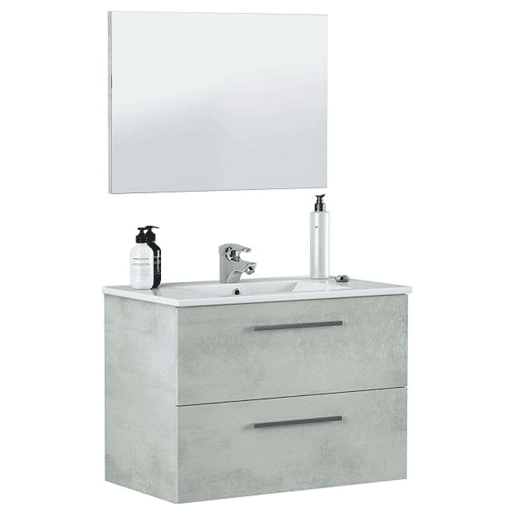 Móvel de Banheiro Plutón Estilo Industrial na Cor Cimento com 2 Gavetas e Espelho 80x45x57 cm (Pia de Cerâmica)