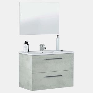 Móvel de Banheiro Plutón Estilo Industrial na Cor Cimento com 2 Gavetas e Espelho 80x45x57 cm (Pia de Cerâmica)