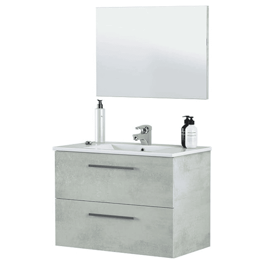 Móvel de Banheiro Plutón Estilo Industrial na Cor Cimento com 2 Gavetas e Espelho 80x45x57 cm (Pia de Cerâmica)