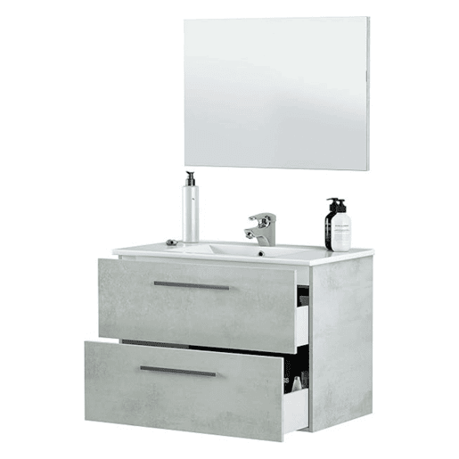 Móvel de Banheiro Plutón Estilo Industrial na Cor Cimento com 2 Gavetas e Espelho 80x45x57 cm (Pia de Cerâmica)