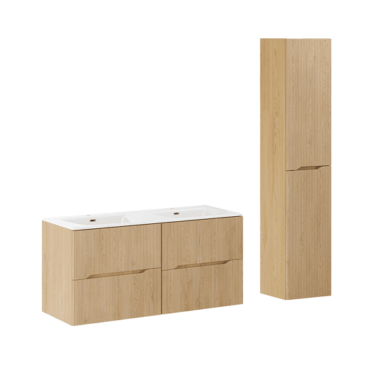 Conjunto móvel de lavatório duplo embutido 120 cm e móvel alto Isaline Carvalho claro