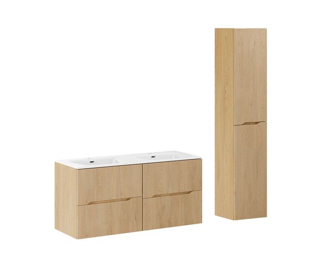 Conjunto mueble lavabo doble encastrado 120cm y columna isaline madera