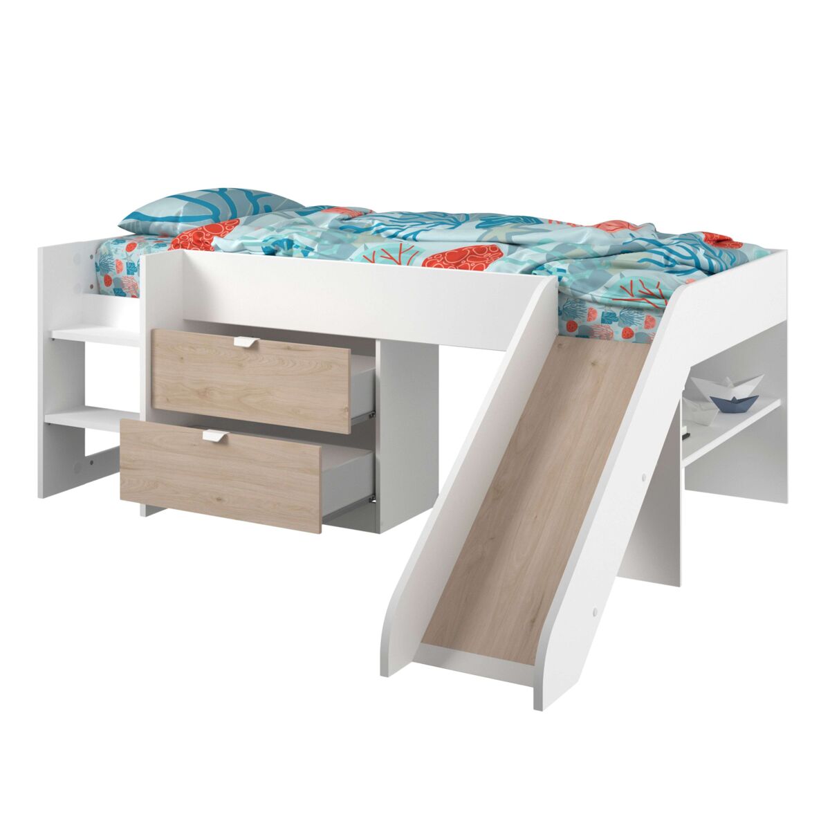 Cama happy melamina 78x204x184 cm - roble y blanco