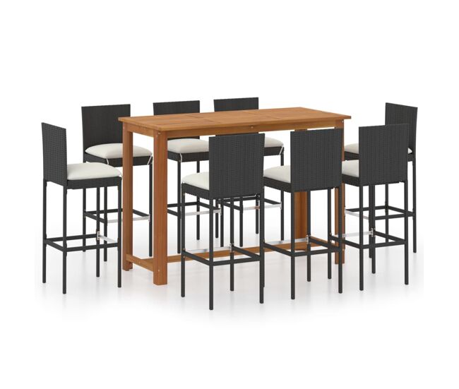 Conjunto de bar para jardín 9 piezas con cojines negro